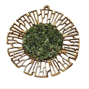 Mid Century Modern Gold Sunburst Pendant w/ Green Aventurine – 1960s Statement